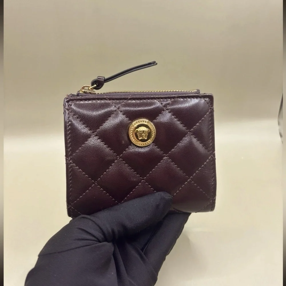 NWT Versace Burgundy Leather Quilted Card Case Compact Wallet
